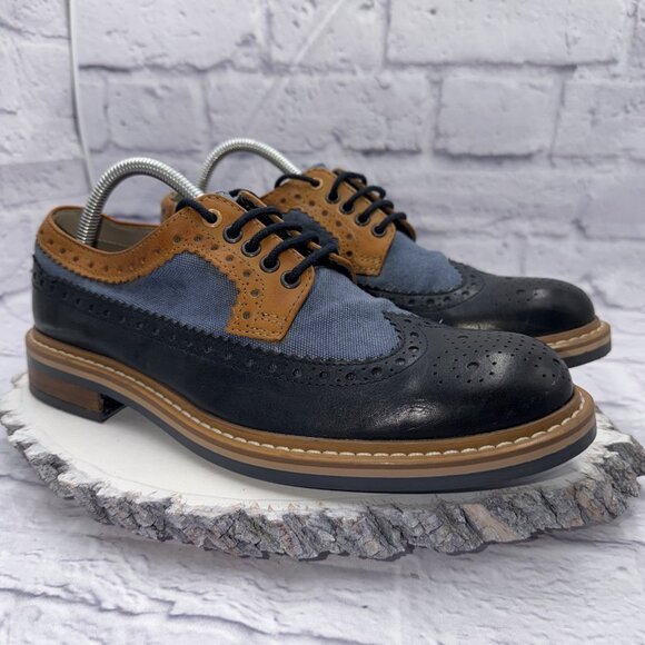 Clarks TOR England Men Size 8 Darby Limit Wingtip Oxford Shoes Blue Denim Tan - Picture 1 of 11